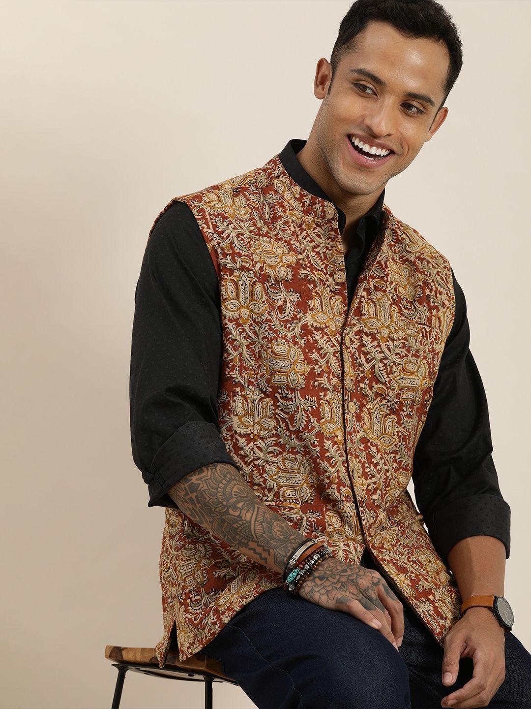 taavi-men-brown-kalamkari-printed-pure-cotton-nehru-jacket