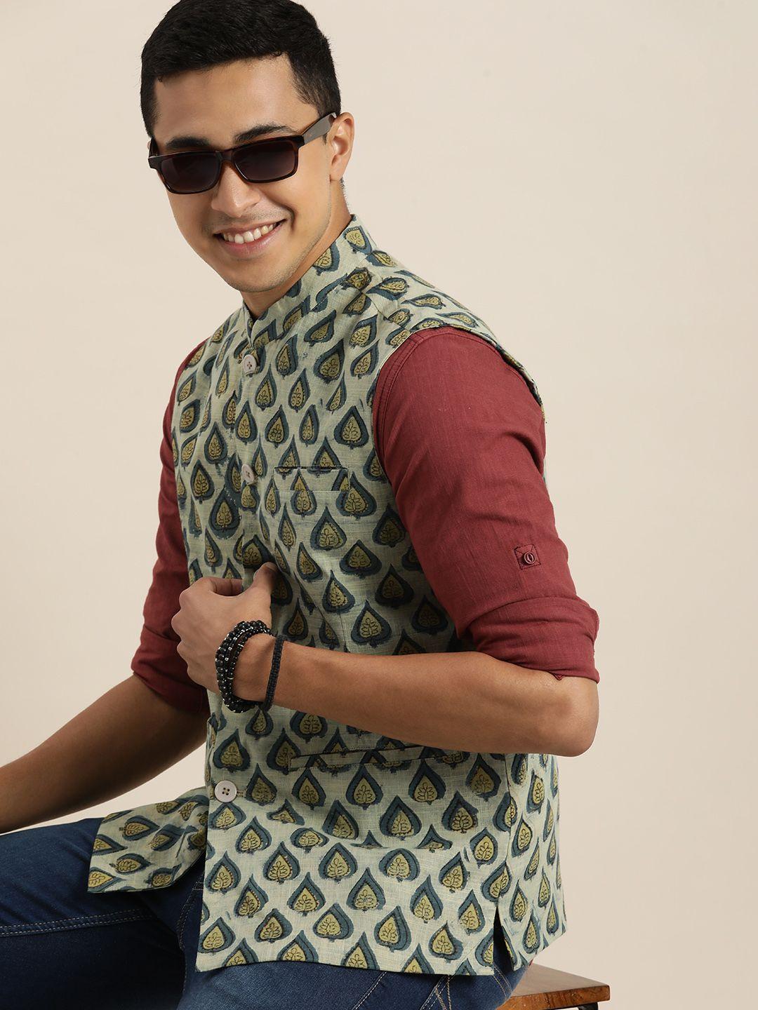 taavi-men-indigo-ethnic-motifs-printed-pure-cotton-nehru-jacket