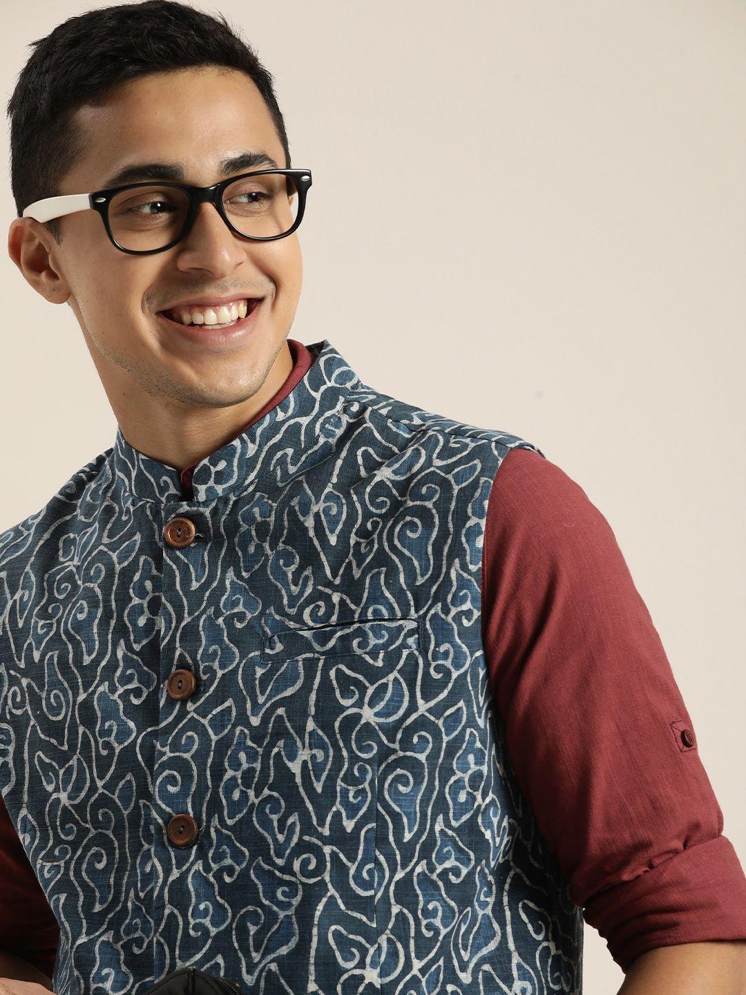 taavi-men-indigo-ethnic-motifs-printed-pure-cotton-nehru-jacket