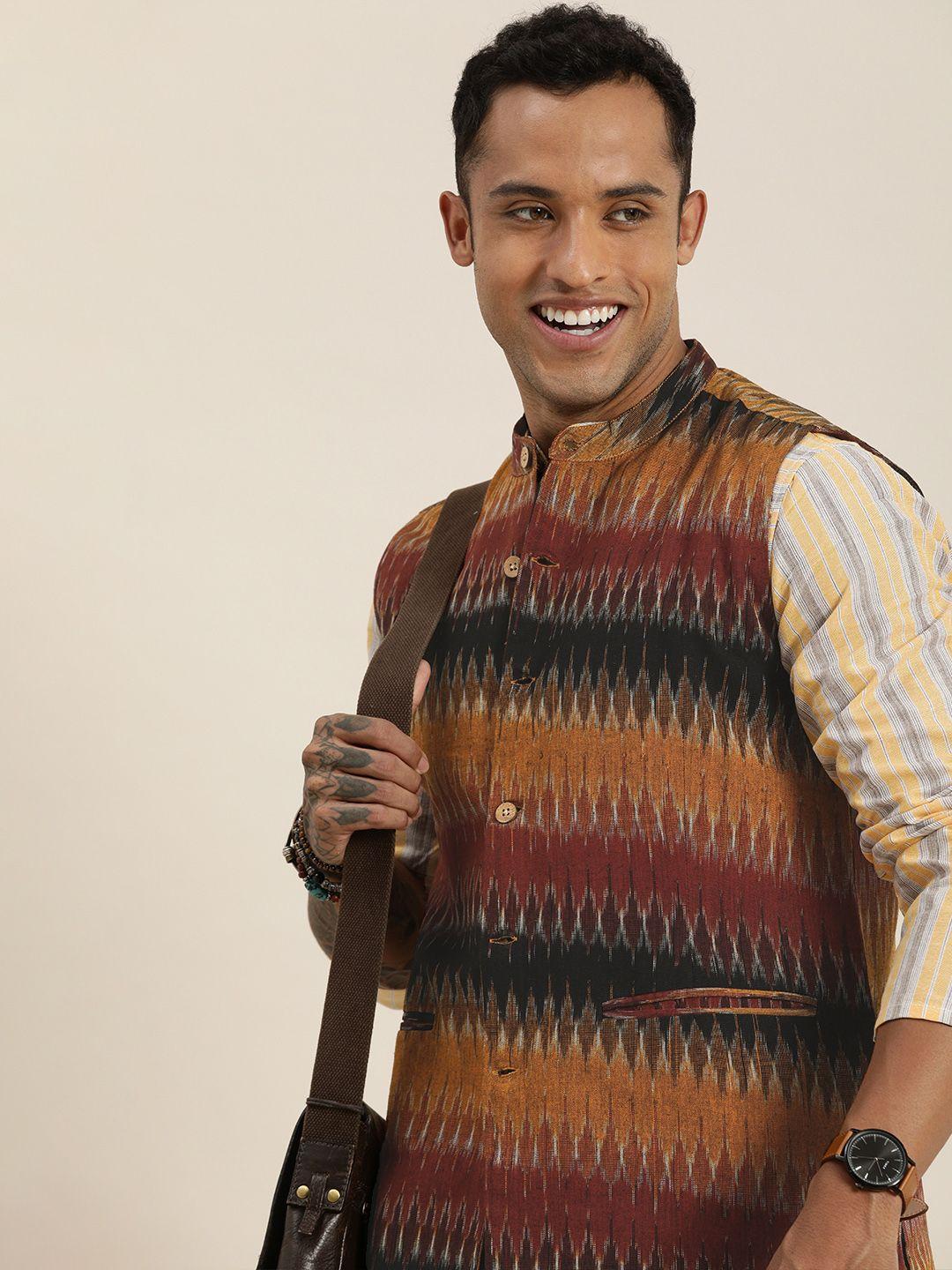 taavi men multicoloured ikat printed nehru jacket