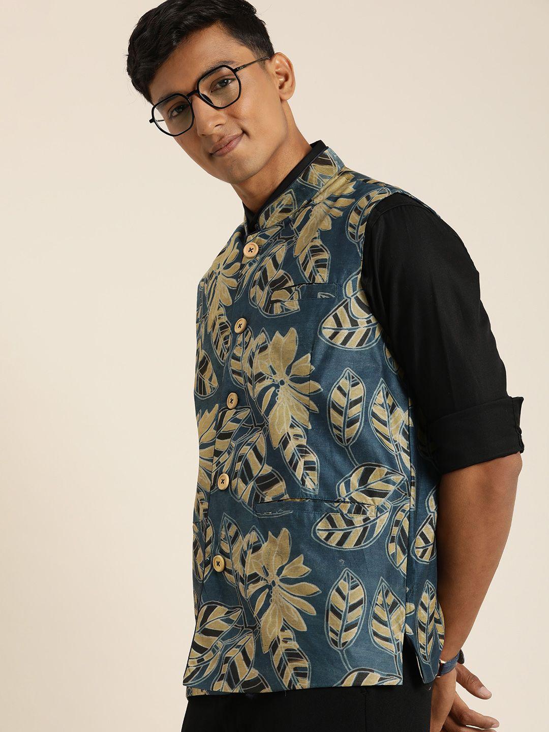 taavi men pure cotton floral printed ajrakh nehru jacket