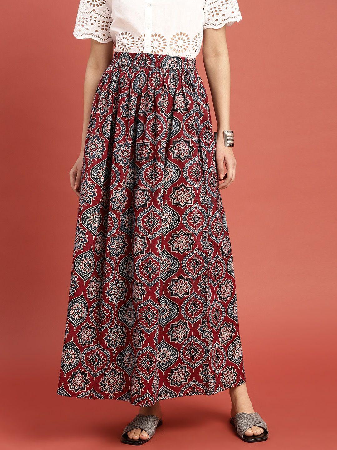 taavi women maroon & blue ajrakh hand block print sustainable maxi pure cotton skirt with gathered detail