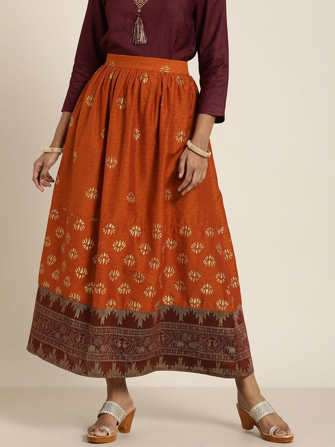 taavi women rust orange & yellow kanchi woven design flared kora maxi skirt