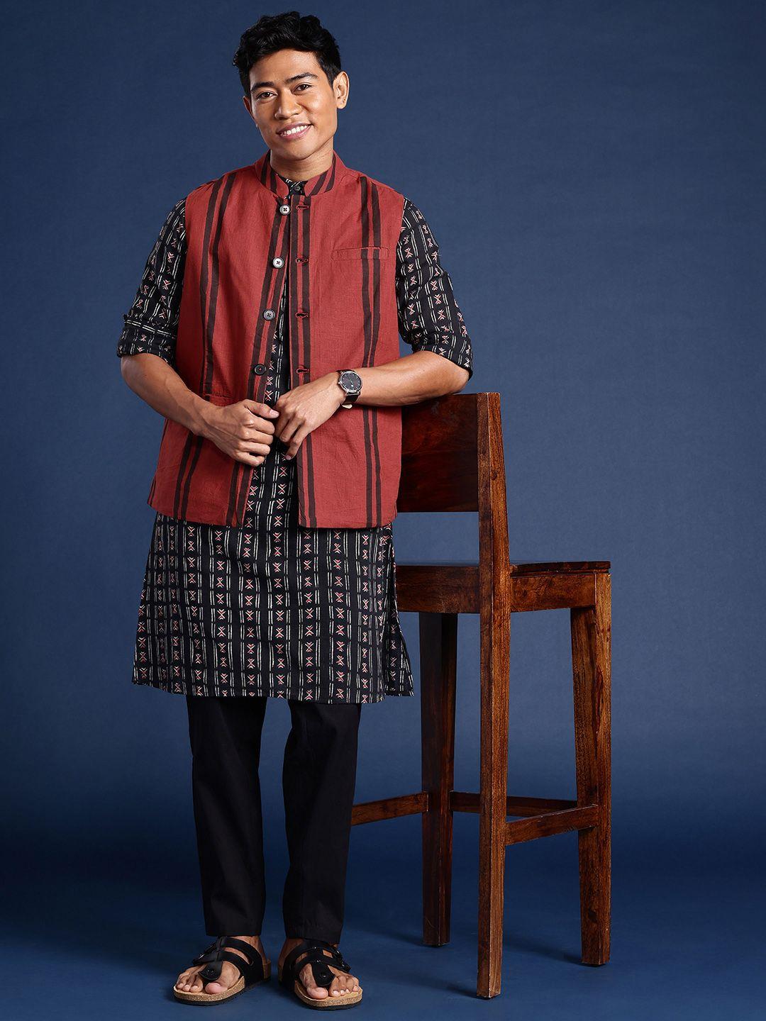 taavi bagru pure cotton geometric printed regular kurta with trousers and nehru jacket