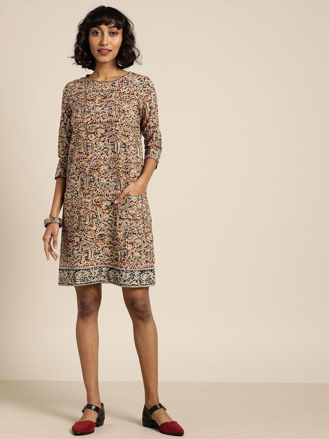 taavi beige & maroon kalamkari block print a-line sustainable pure cotton dress with pocket detailing