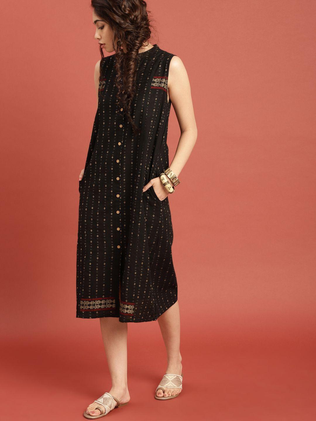 taavi black & beige south pure cotton woven legacy a-line midi sustainable dress with pockets