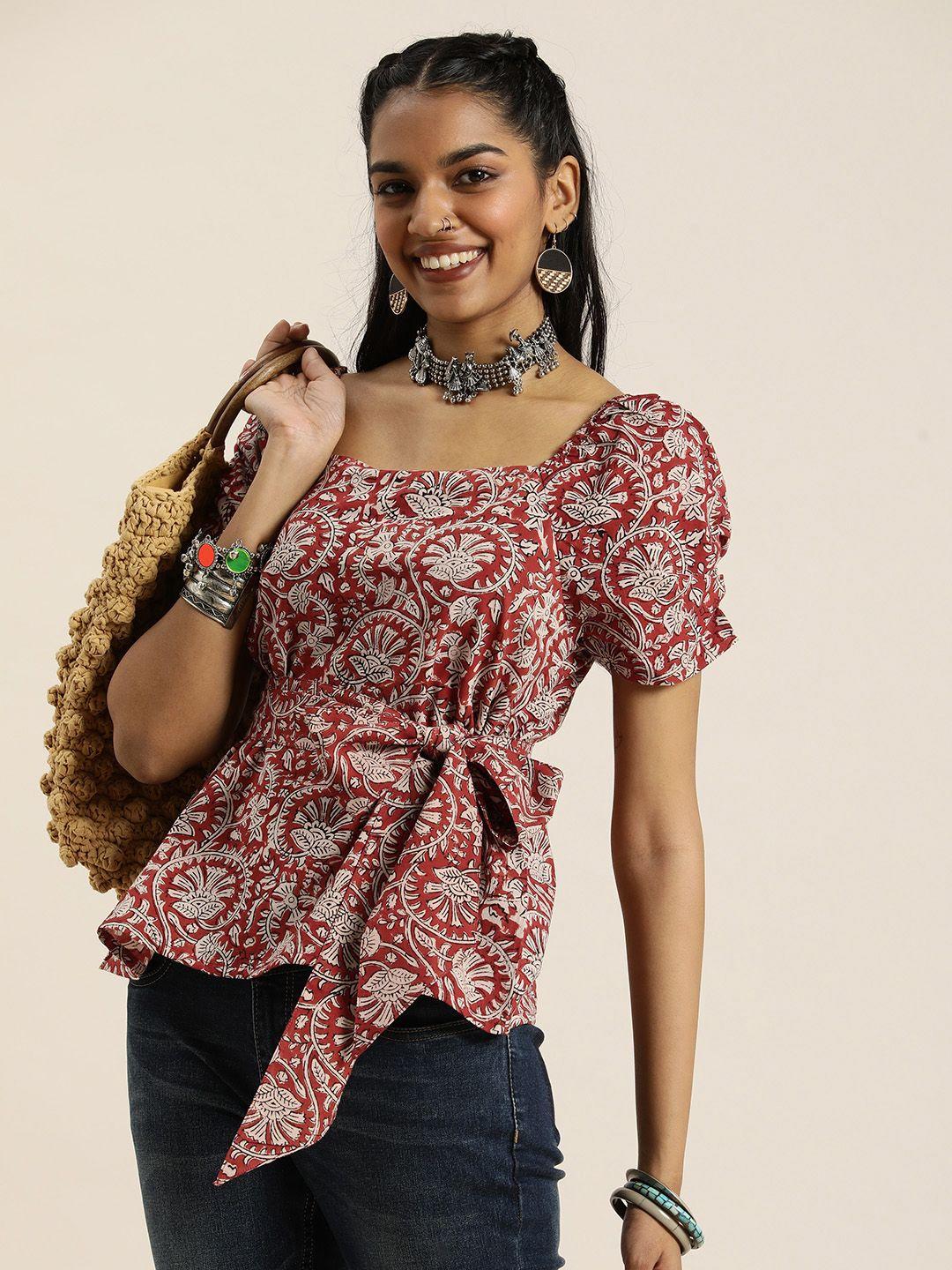 taavi block print legacy pure cotton floral print puff sleeve square neck top with tie ups