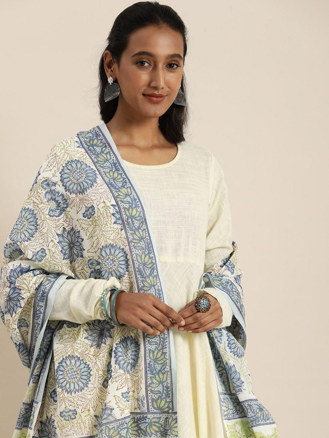 taavi blue & off white block print legacy pure cotton dupatta