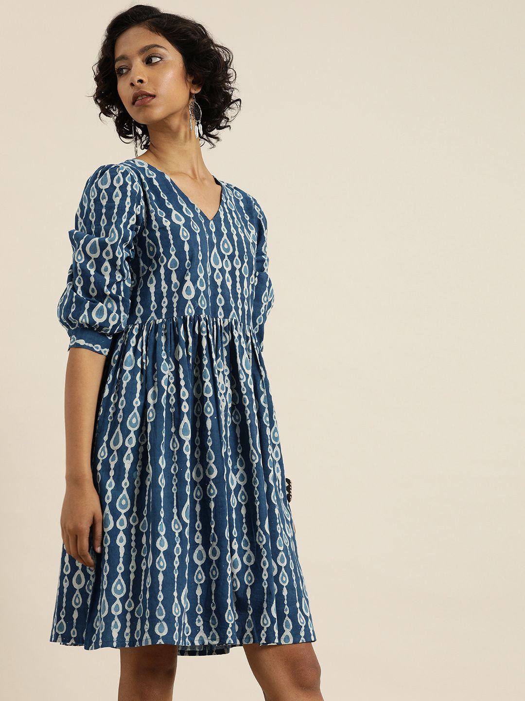 taavi blue & white indigo hand block print empire sustainable pure cotton ethnic dress with gathered detail