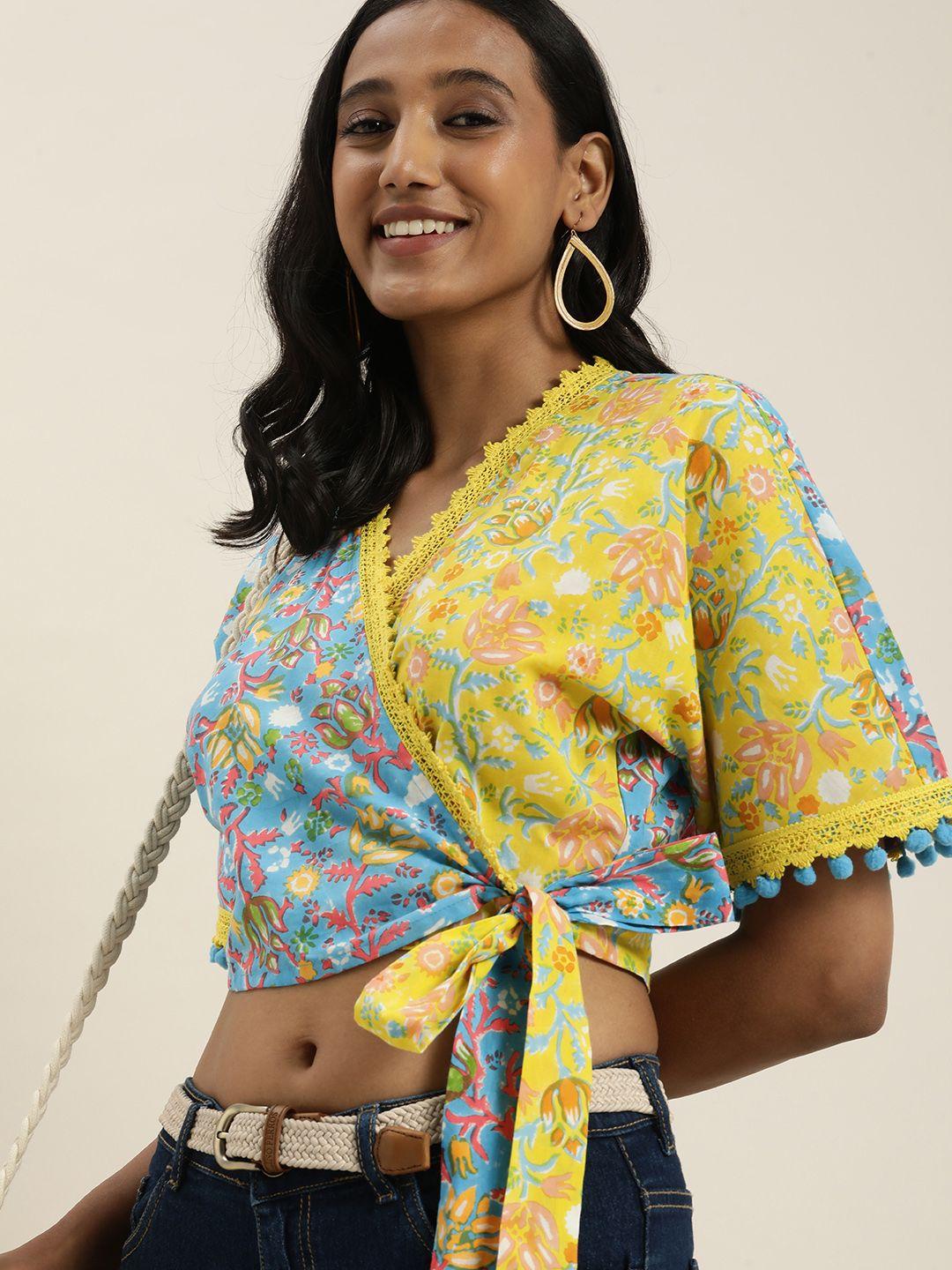taavi blue & yellow tropical print extended sleeves block print pure cotton wrap crop top