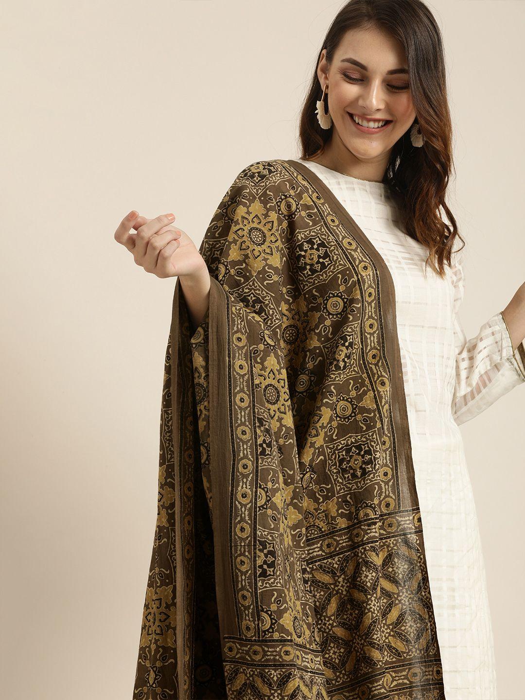 taavi brown & beige ajrakh hand block print sustainable cotton dupatta