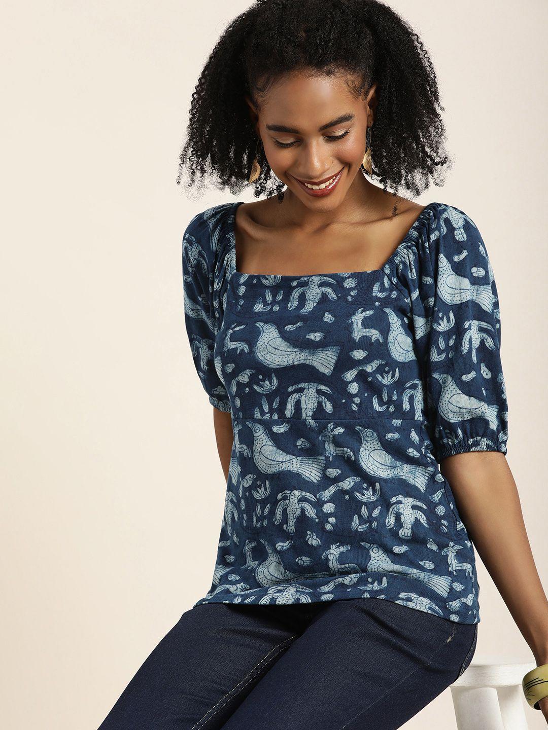 taavi conversational print square neck puff sleeves knitted indigo pure cotton top