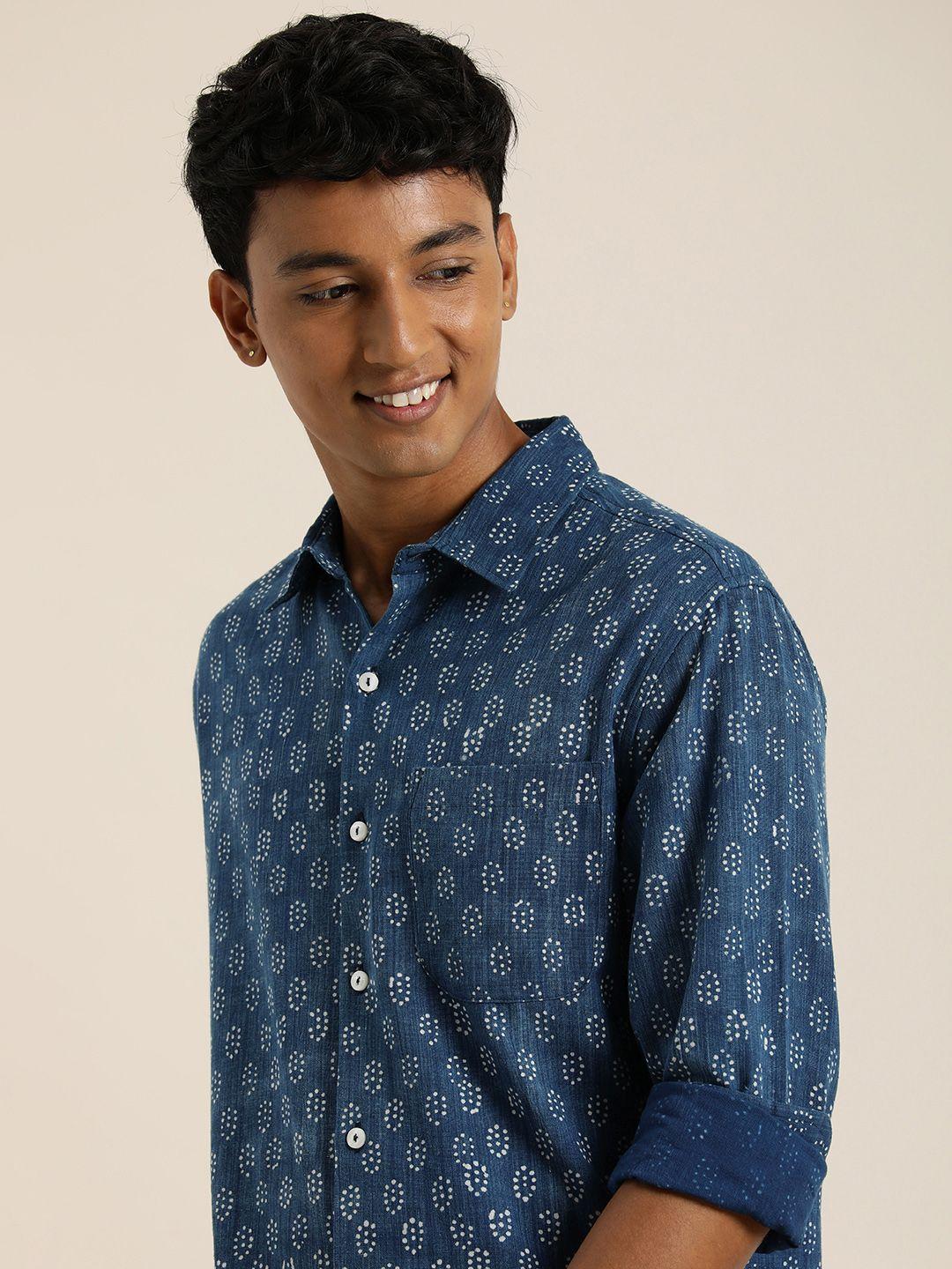 taavi ethnic motifs printed indigo hand block pure cotton casual shirt