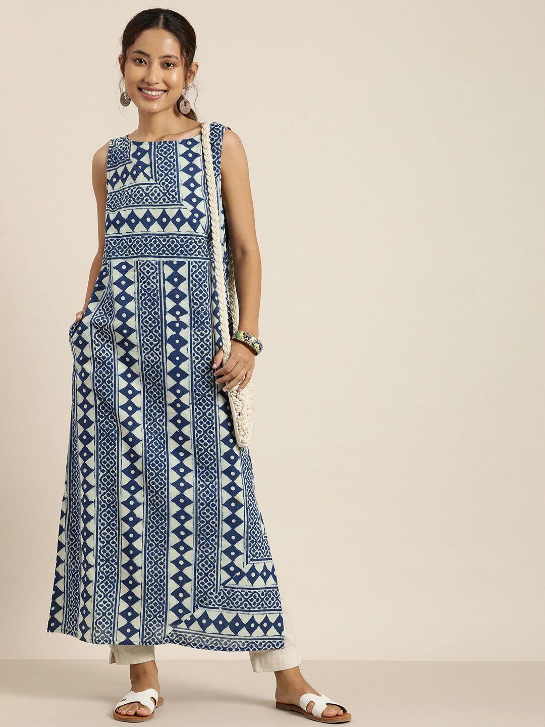 taavi geometric printed pure cotton sleeveless indigo kurta