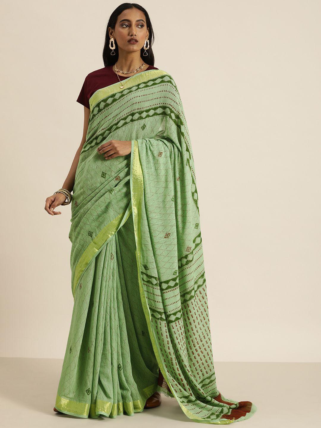 taavi green & red sanganeri print pure cotton saree