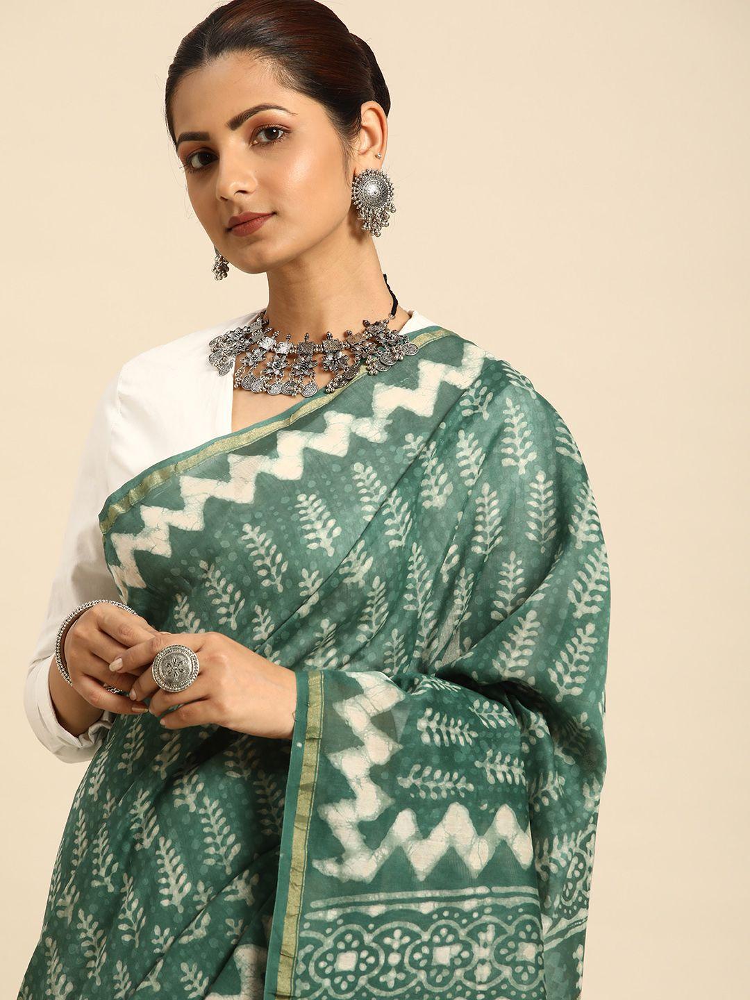 taavi green & white ethnic motifs zari silk blend block print saree