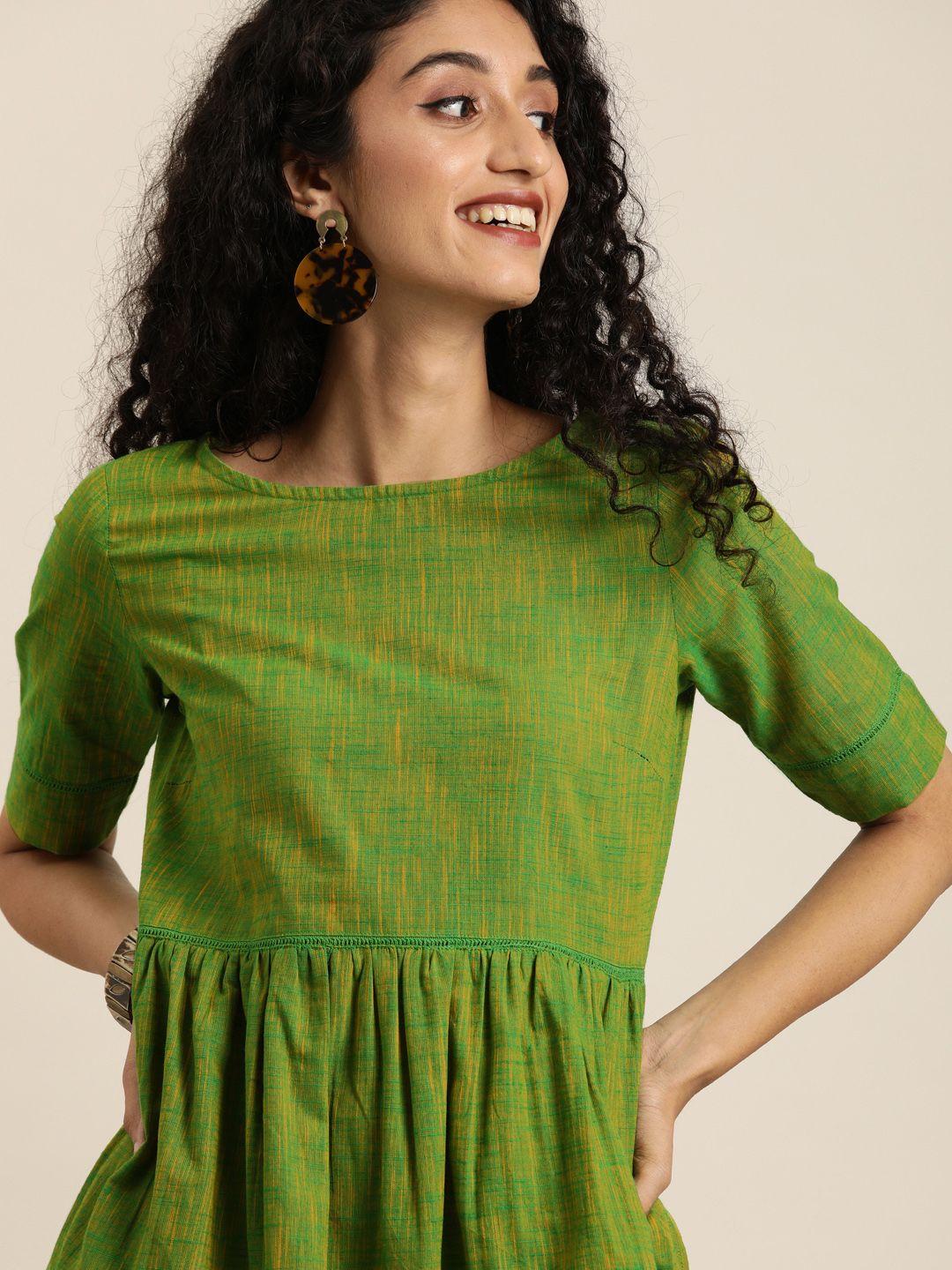 taavi green & yellow self design pure cotton woven legacy fit & flare sustainable dress with pockets