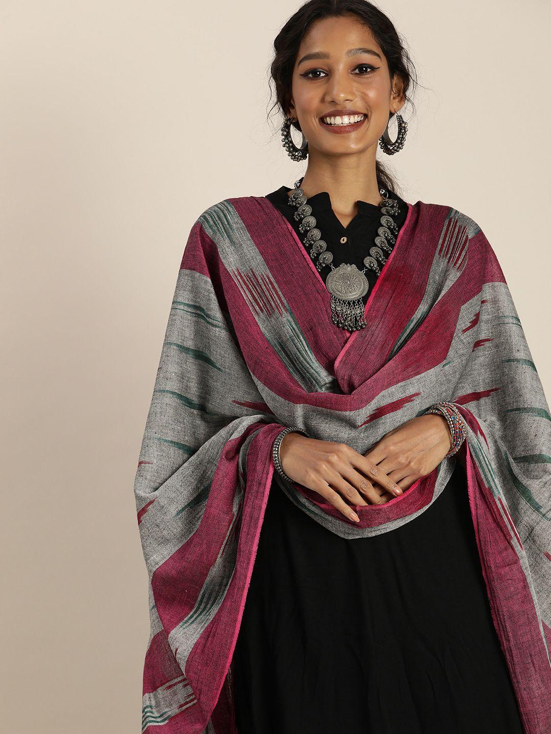 taavi grey & maroon ethnic motifs woven design pure cotton ikat dupatta