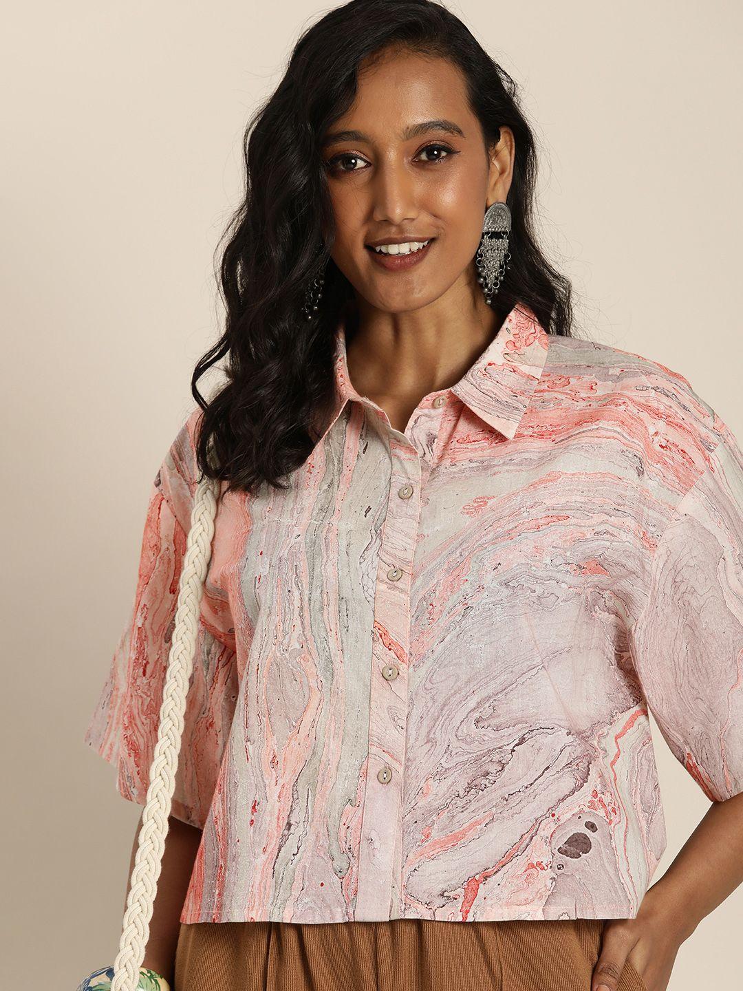 taavi grey & pink pure cotton hand dyed marbling printed shirt style top