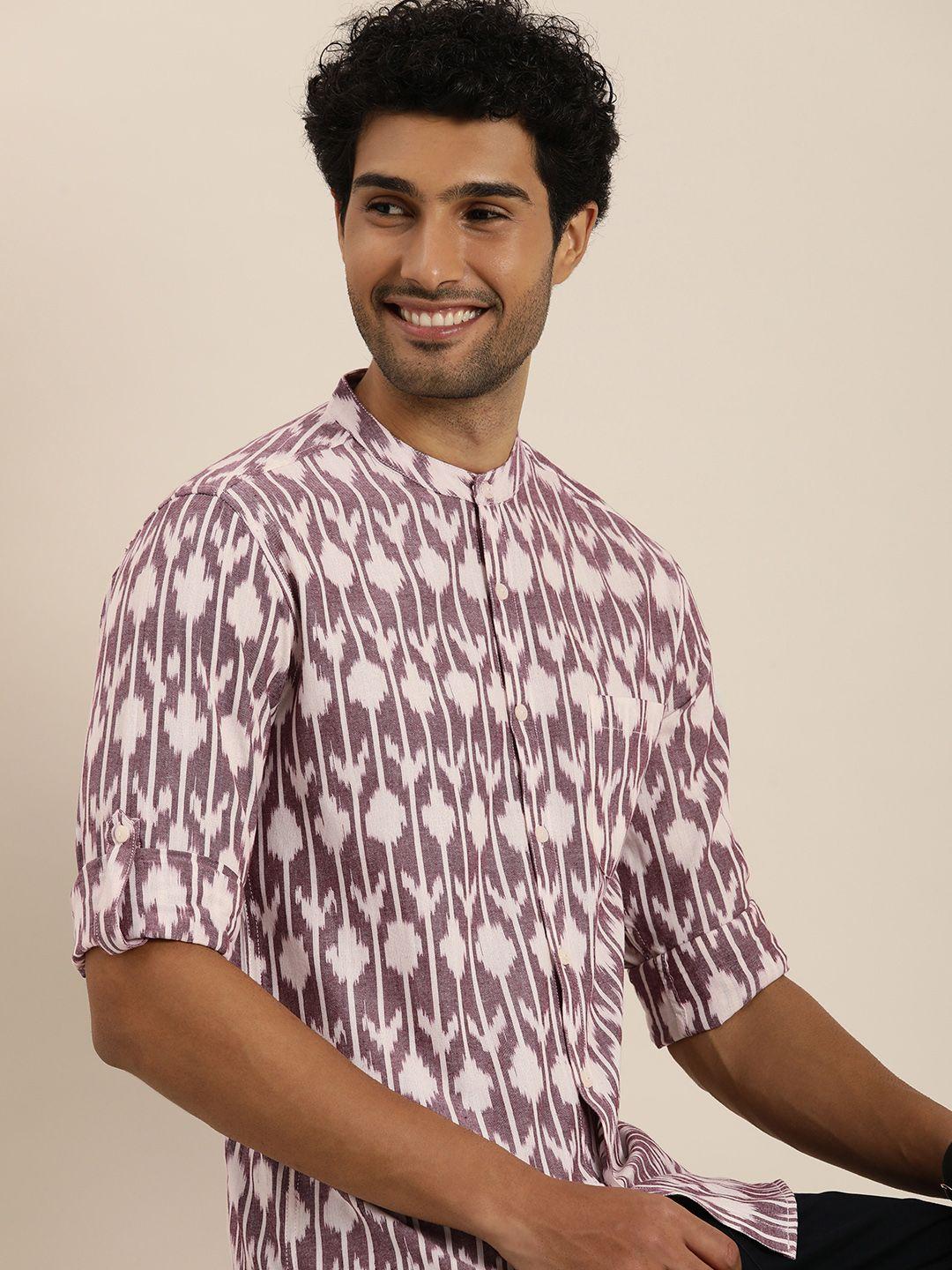 taavi ikat geometric printed band collar roll-up sleeves shirt