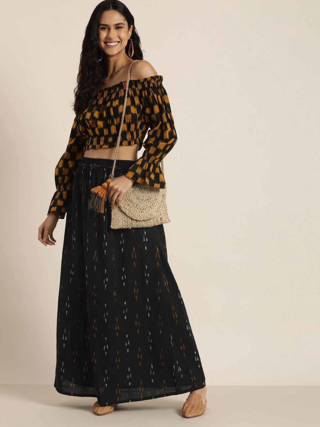 taavi ikat printed off-shoulder crop top and maxi slit skirt