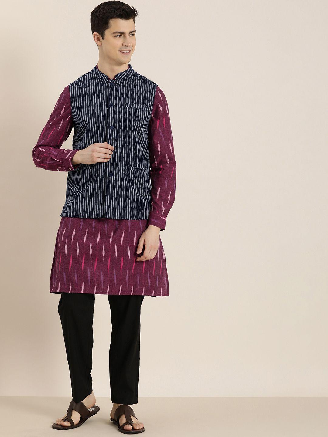 taavi ikat pure cotton kurta with trousers & nehru jacket