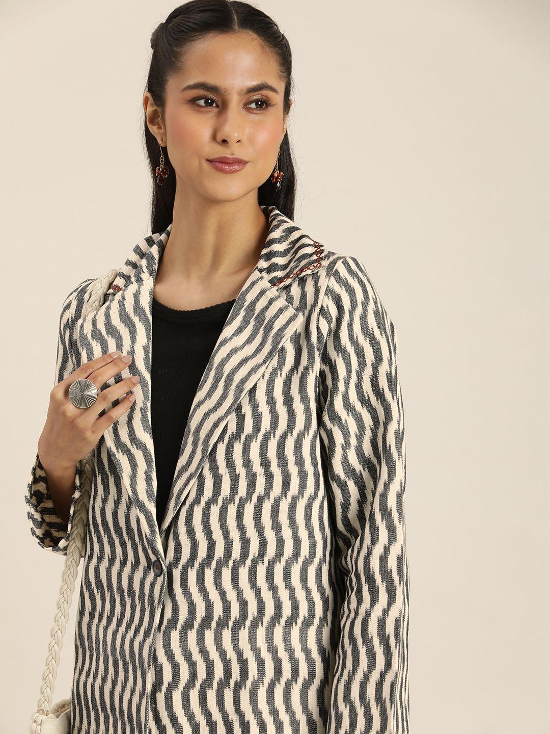 taavi ikat woven geometric design notched collar longline outer-wear shrug