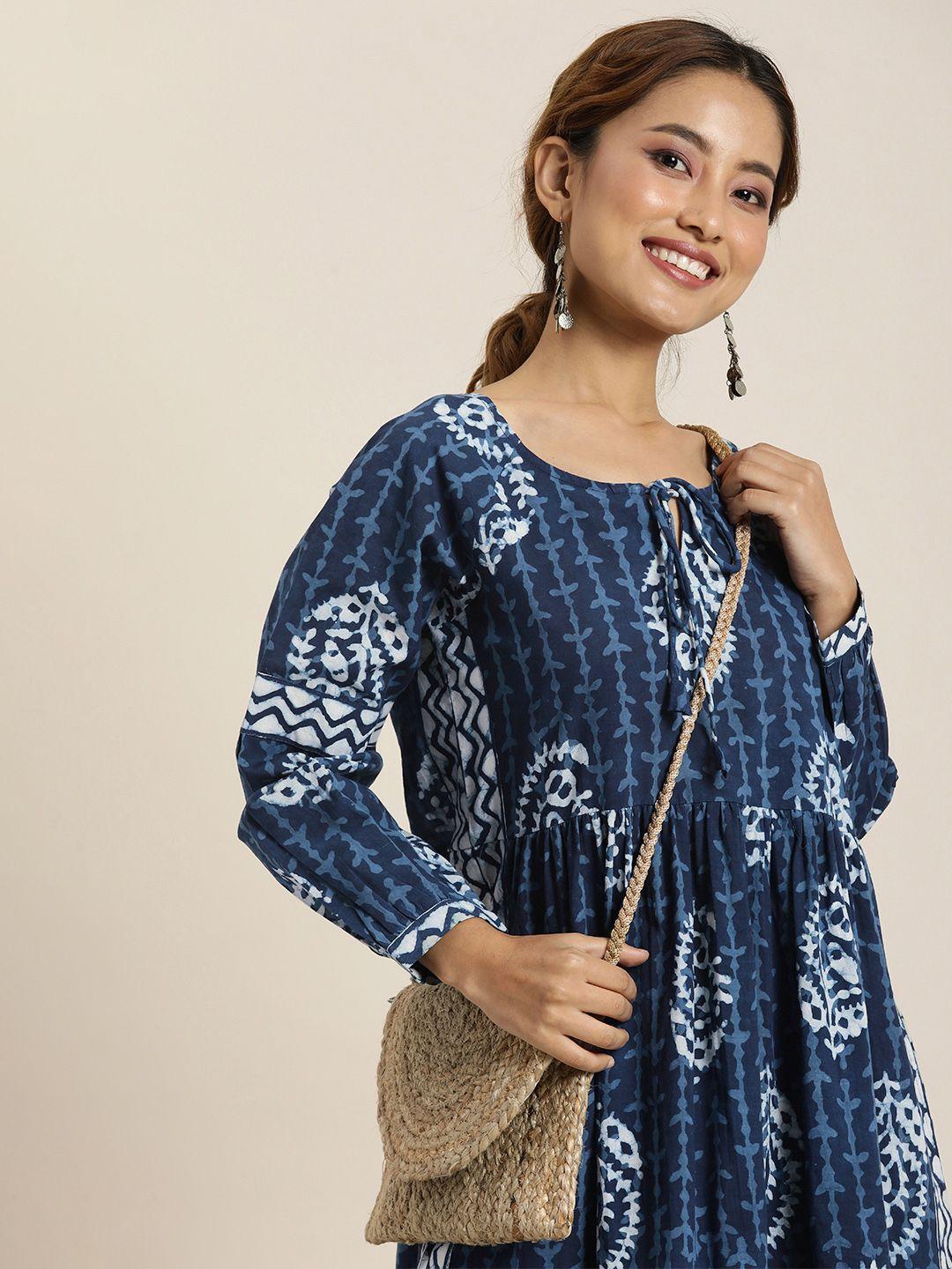 taavi indigo ethnic motifs printed tie-up neck pure cotton ethnic a-line ethnic dress