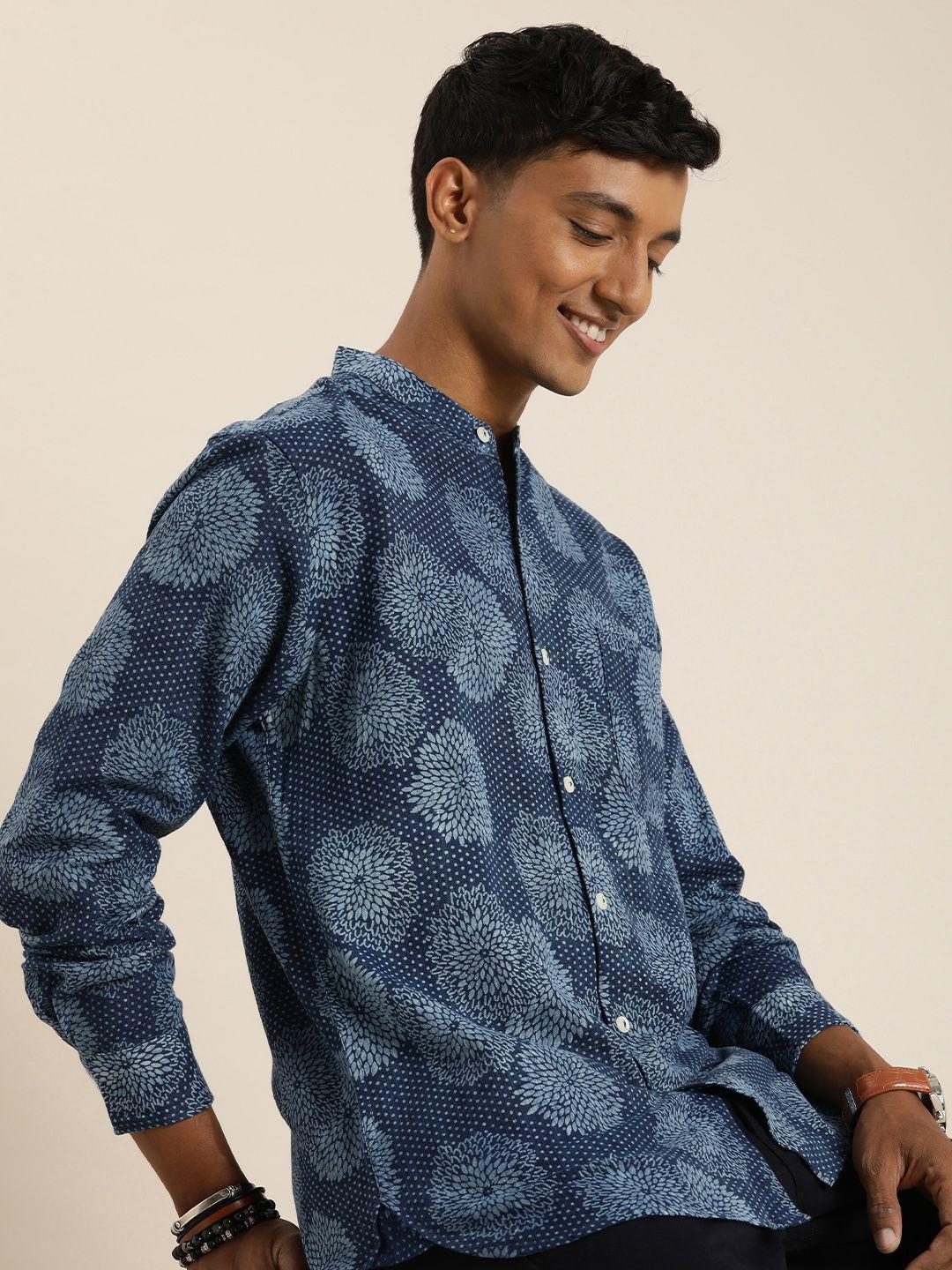 taavi indigo hand block floral printed pure cotton shirt