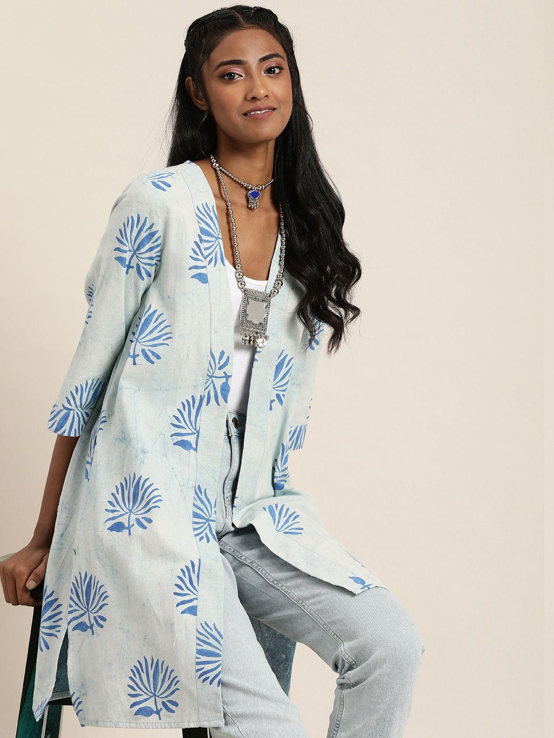 taavi indigo hand block print longline cotton linen open front shrug