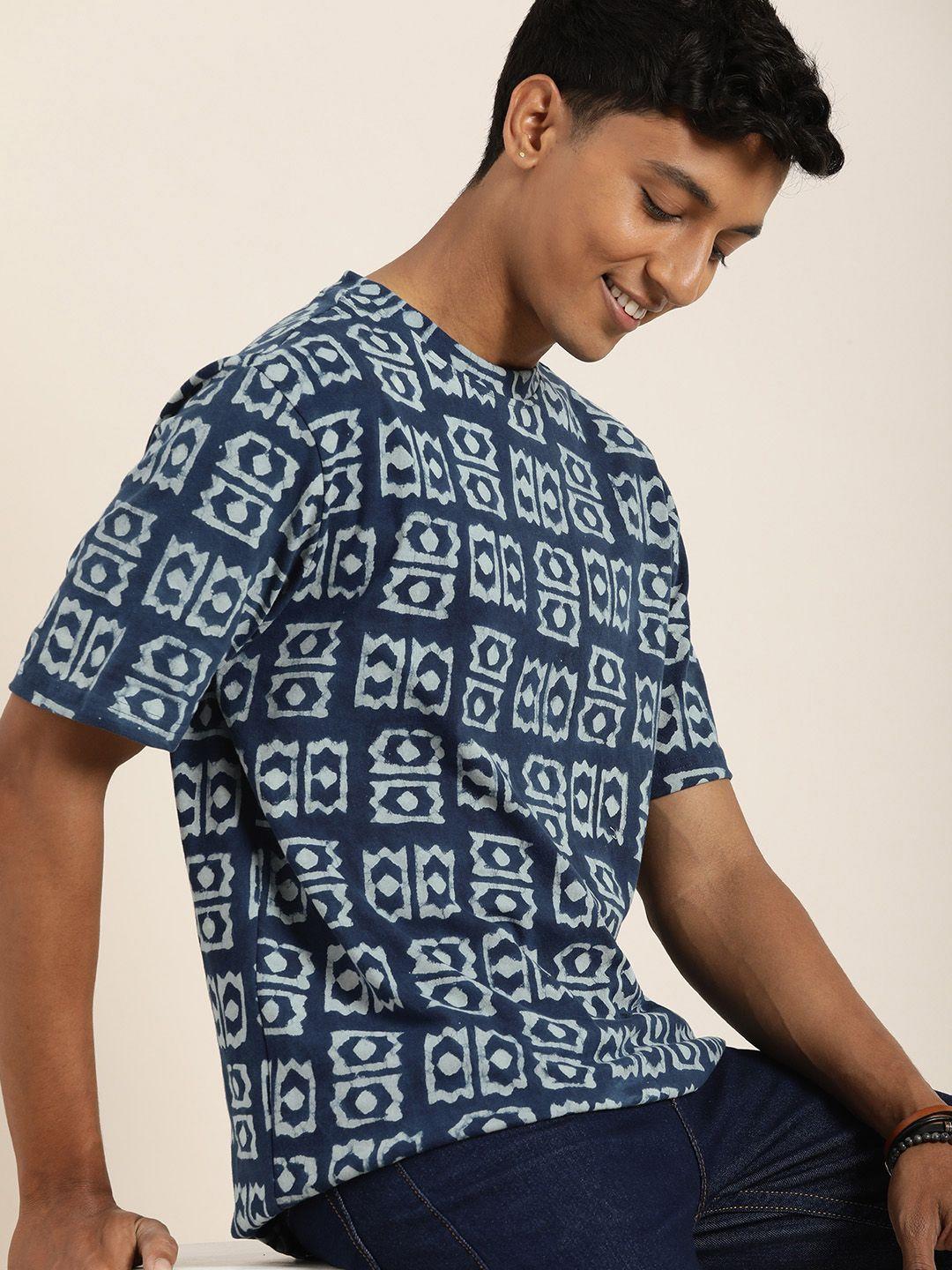 taavi indigo printed pure cotton casual t-shirt