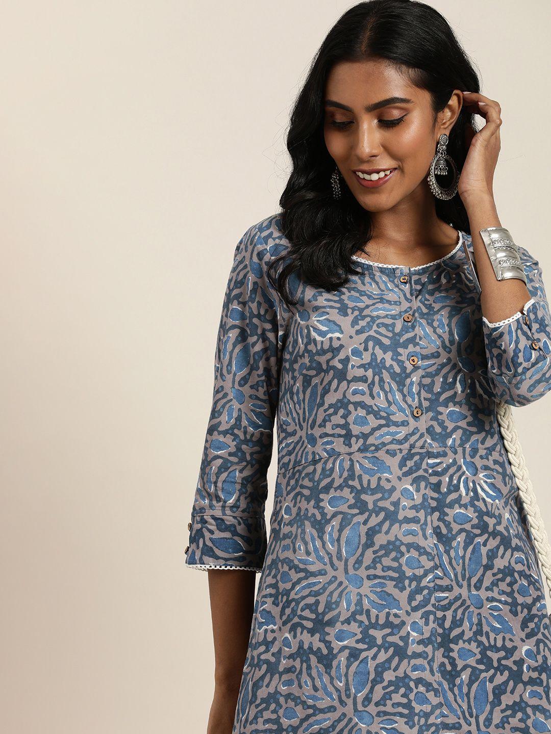 taavi indigo pure cotton ethnic motifs printed a-line midi dress