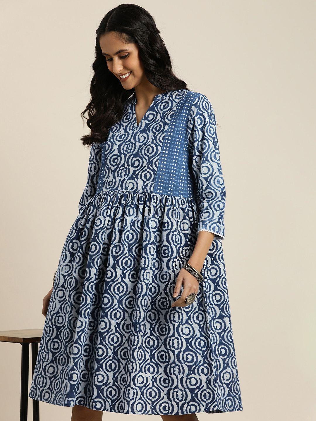 taavi indigo pure cotton mandarin collar geometric printed a-line dress