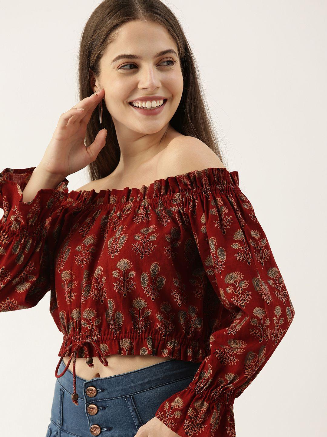 taavi maroon & beige ajrakh hand block print off-shoulder puff sleeve blouson crop top