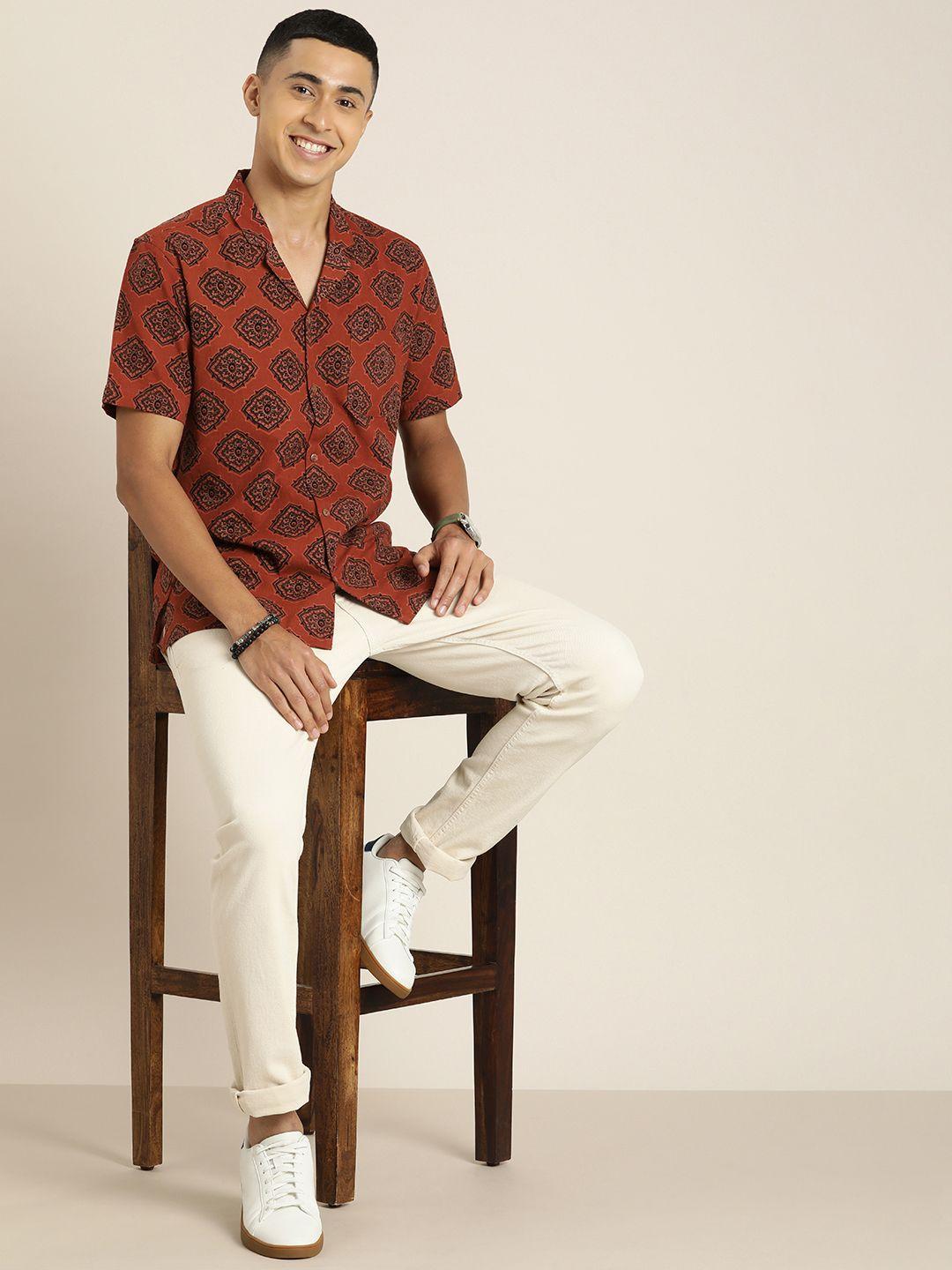 taavi men ajrakh cotton linen opaque printed casual shirt