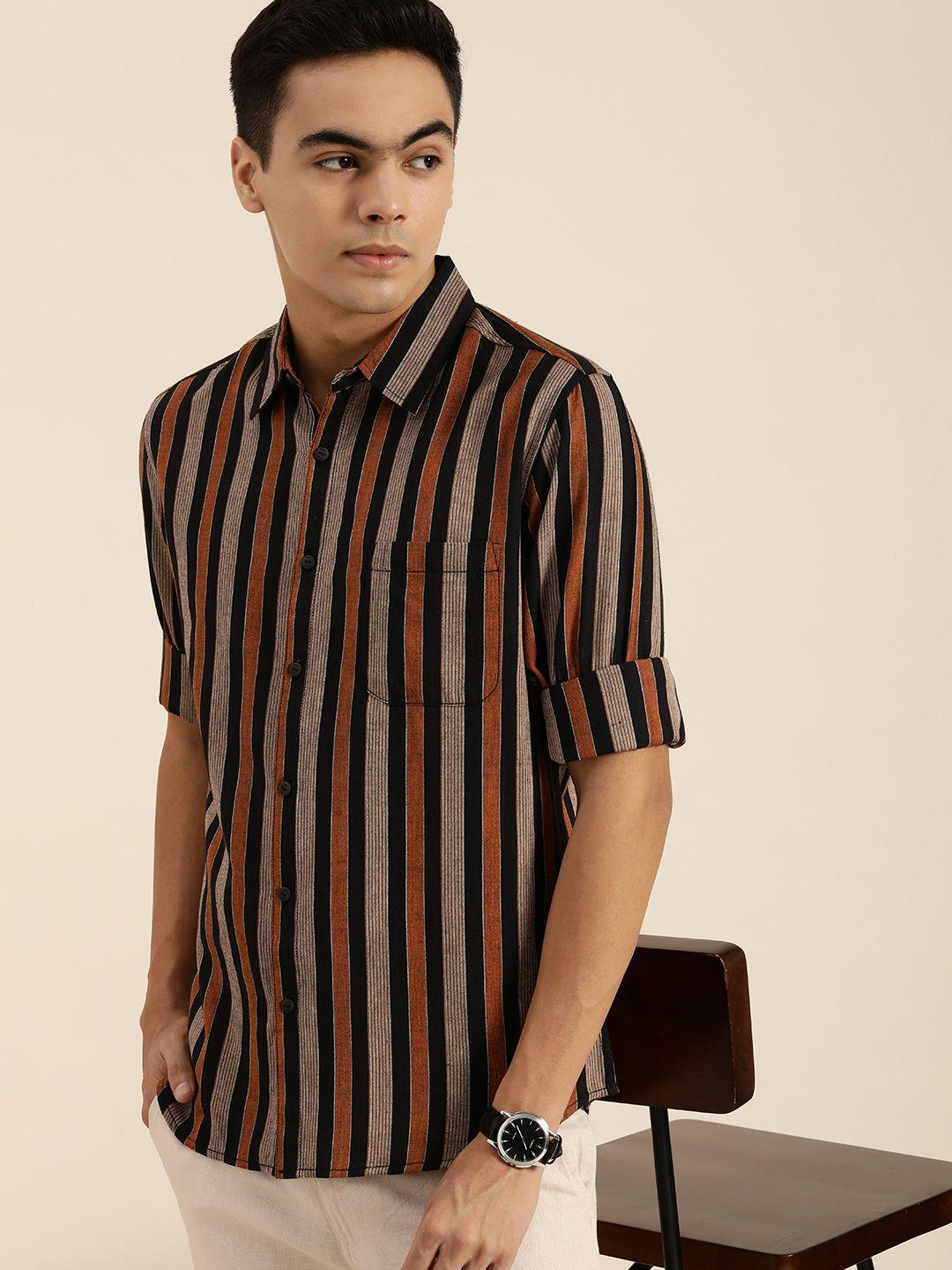 taavi men black & brown striped woven legacy pure cotton casual shirt