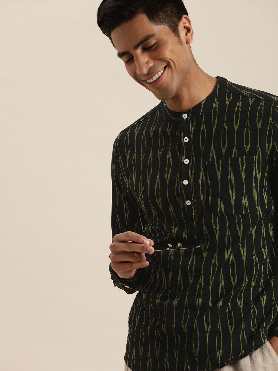 taavi men black & green ikat woven design straight sustainable kurta with chest pocket