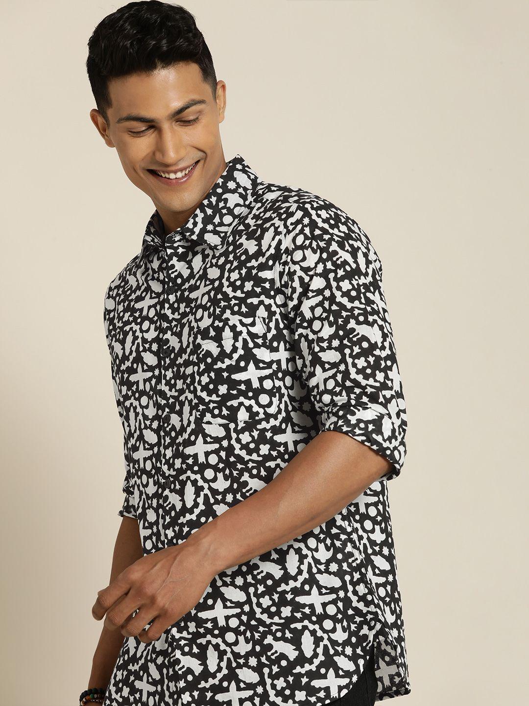 taavi men black and white bagru folk printed pure cotton casual shirt