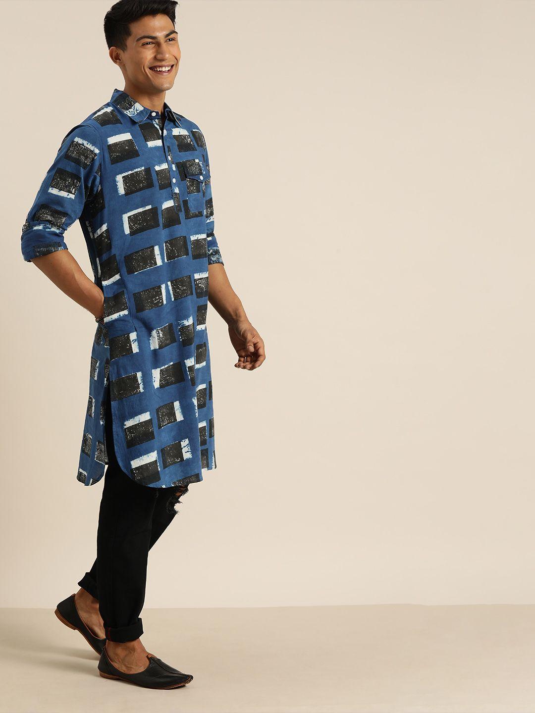 taavi men blue & black indigo hand block geometric printed sustainable kurta with pockets