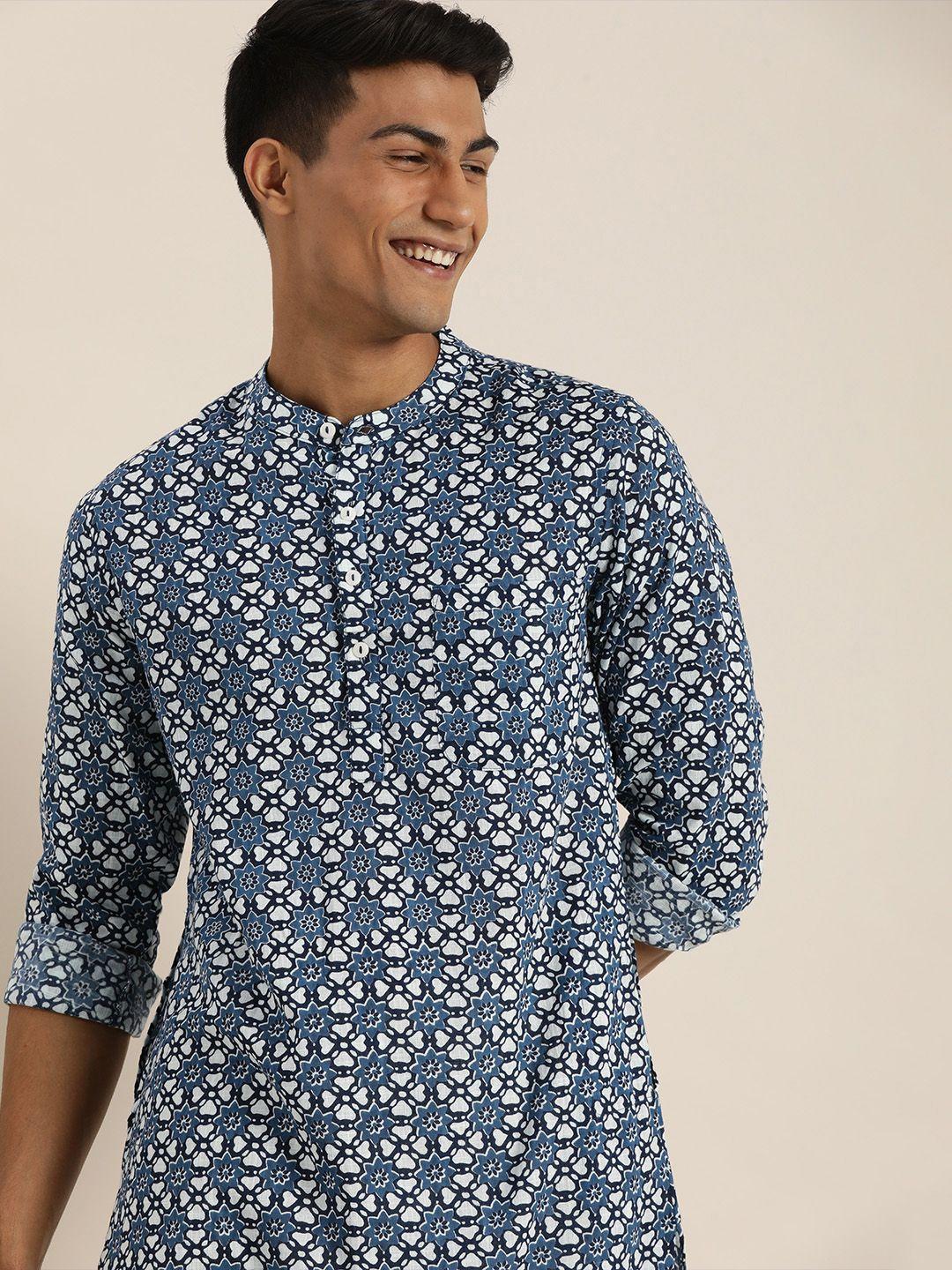 taavi men blue & white ethnic motifs block print legacy sustainable printed kurta