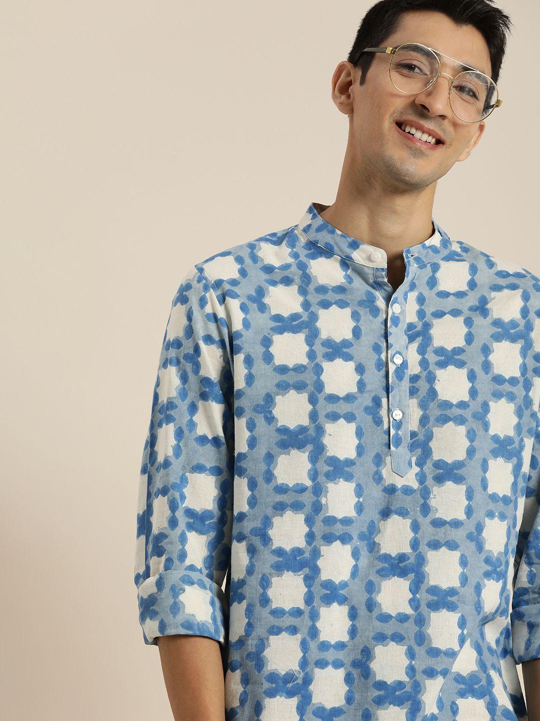 taavi men blue & white indigo hand block printed kurta with mandarin collar