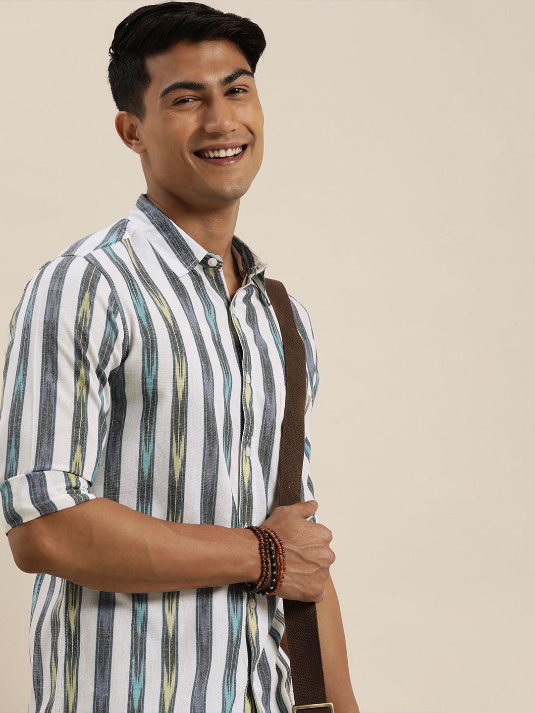 taavi men blue and white ikat woven design regular fit casual shirt