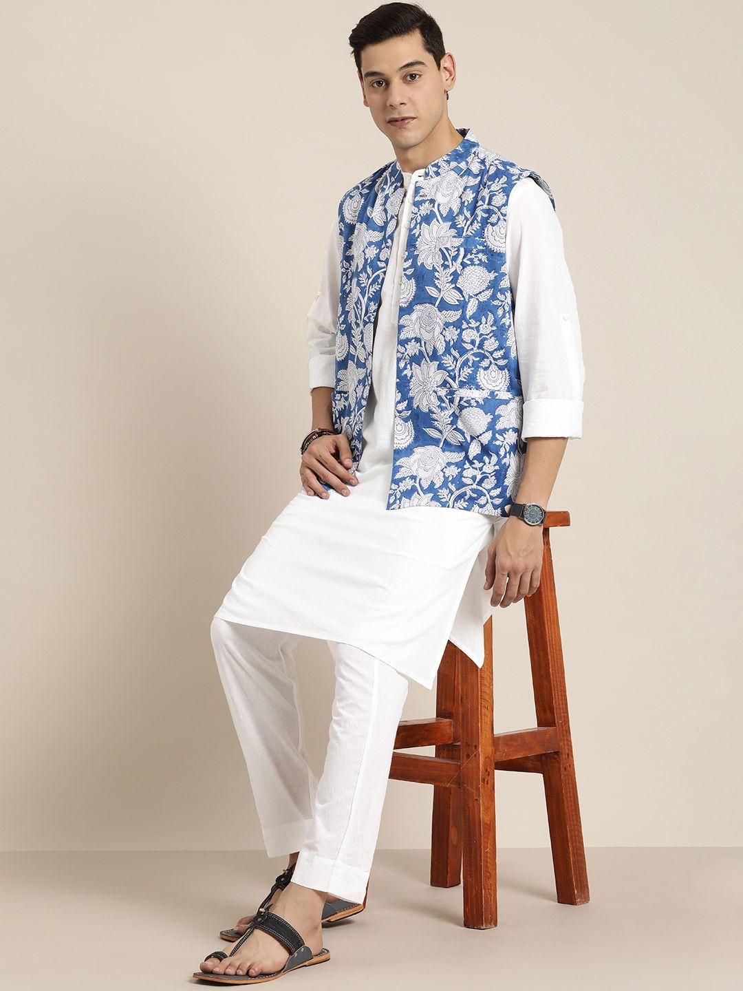 taavi men blue floral printed pure cotton 3 piece kurta with pyjamas & nehru jacket