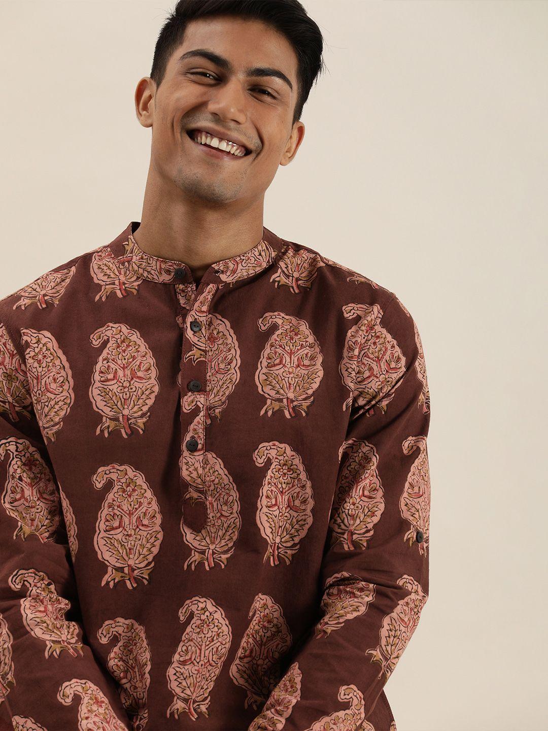taavi men brown ethnic motifs printed regular pure cotton kurta with trousers