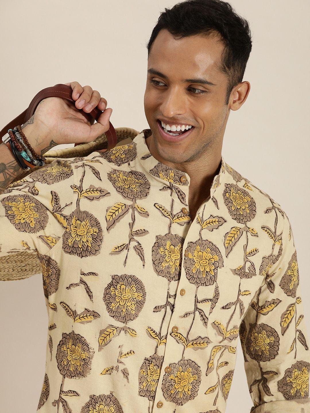 taavi men cream-coloured and brown bagru floral printed pure cotton casual shirt