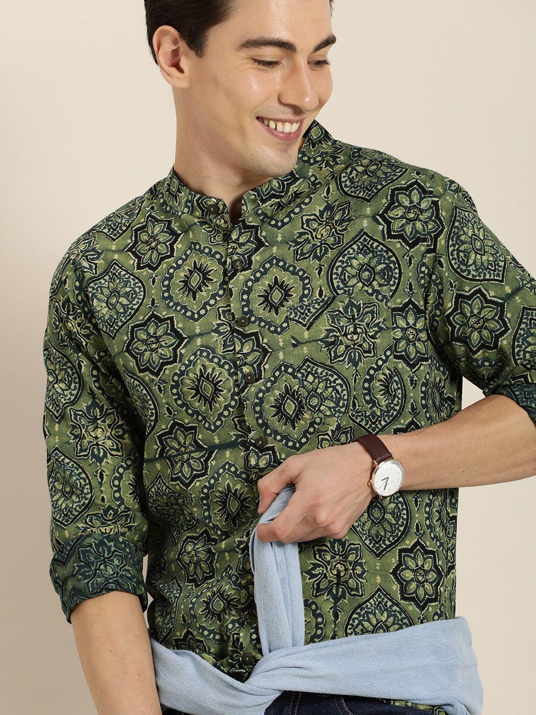 taavi men green & blue ajrakh hand block printed casual shirt