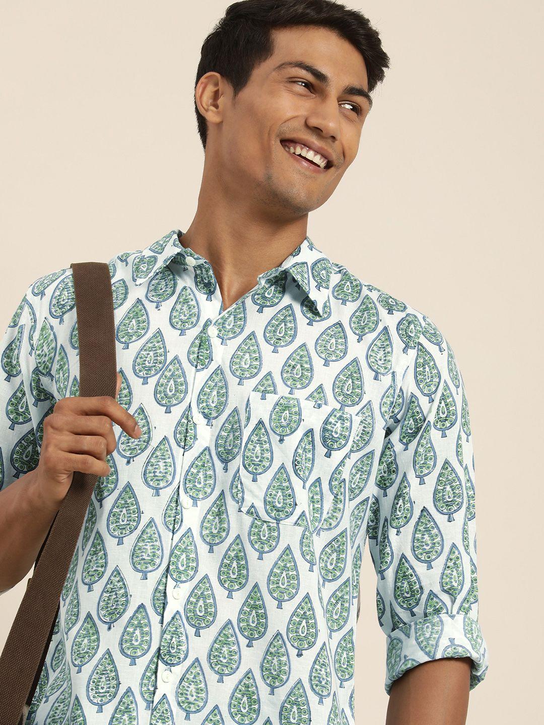 taavi men green & white classic printed cotton casual shirt