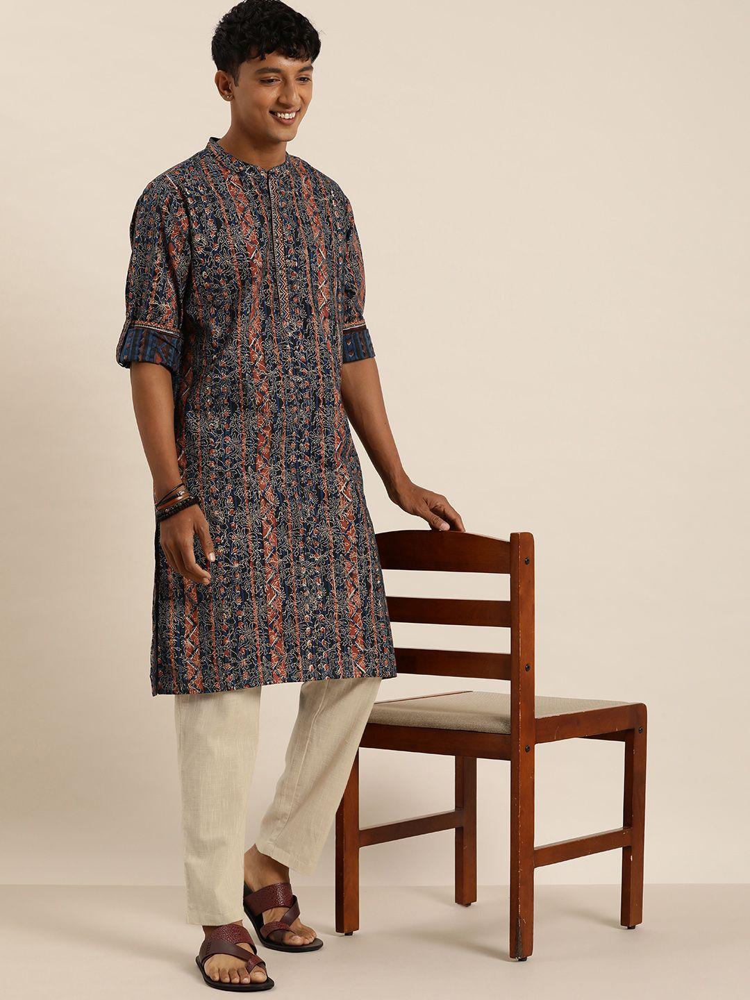 taavi men indigo soiree ethnic motifs printed pure cotton kurta with pyjamas