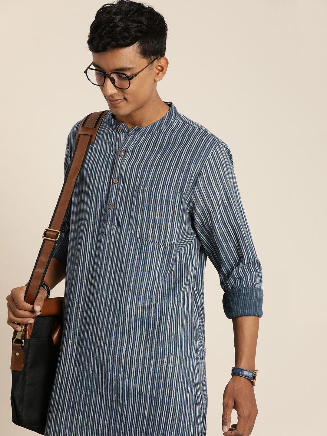 taavi men indigo striped regular pure cotton kurta with trousers