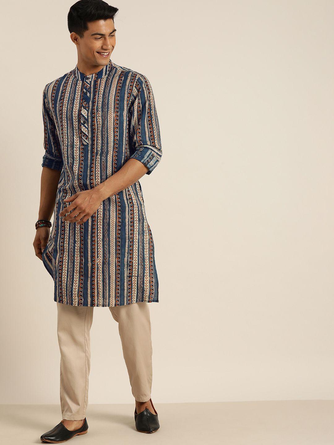 taavi men men navy blue & beige indigo hand block printed kurta with trousers